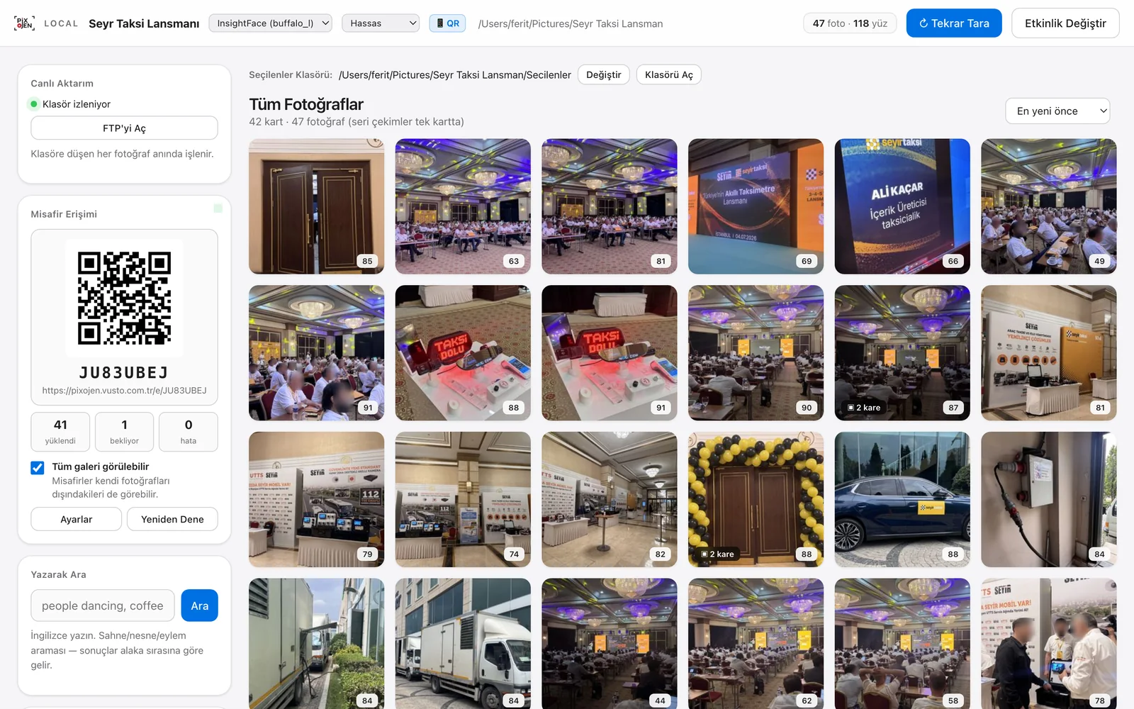 Pixojen: etkinlik arşivi, QR paneli ve kişiler listesi