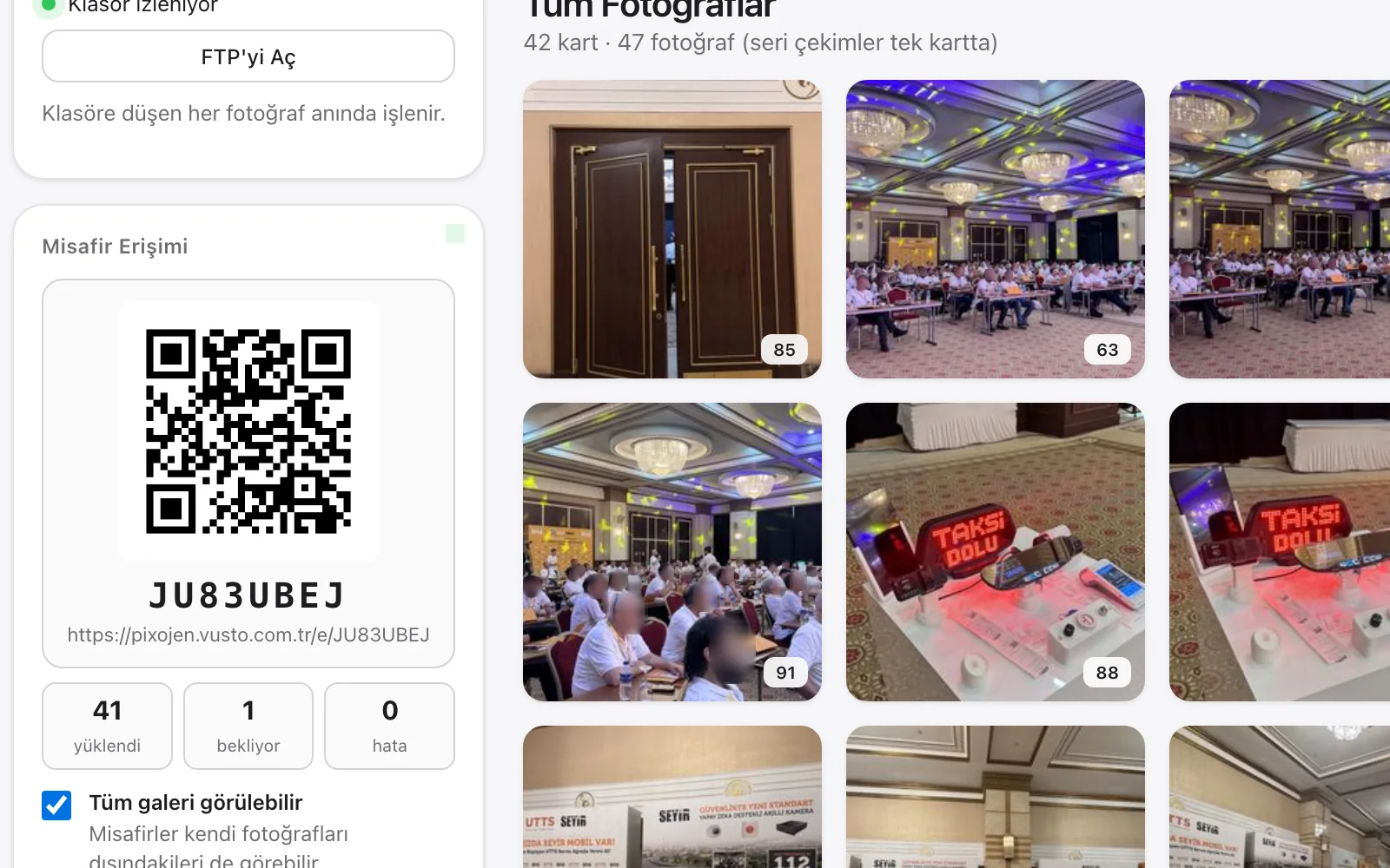 QR kodu, kısa kod ve canlı aktarım paneli